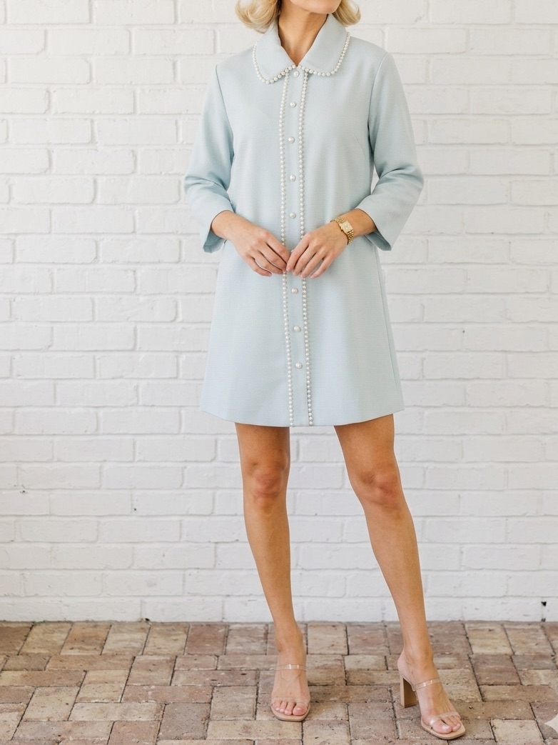 Shop The Mint Pearl Trim Mod Dress Light Blue Quiet Luxury Old Money Shift Dress
